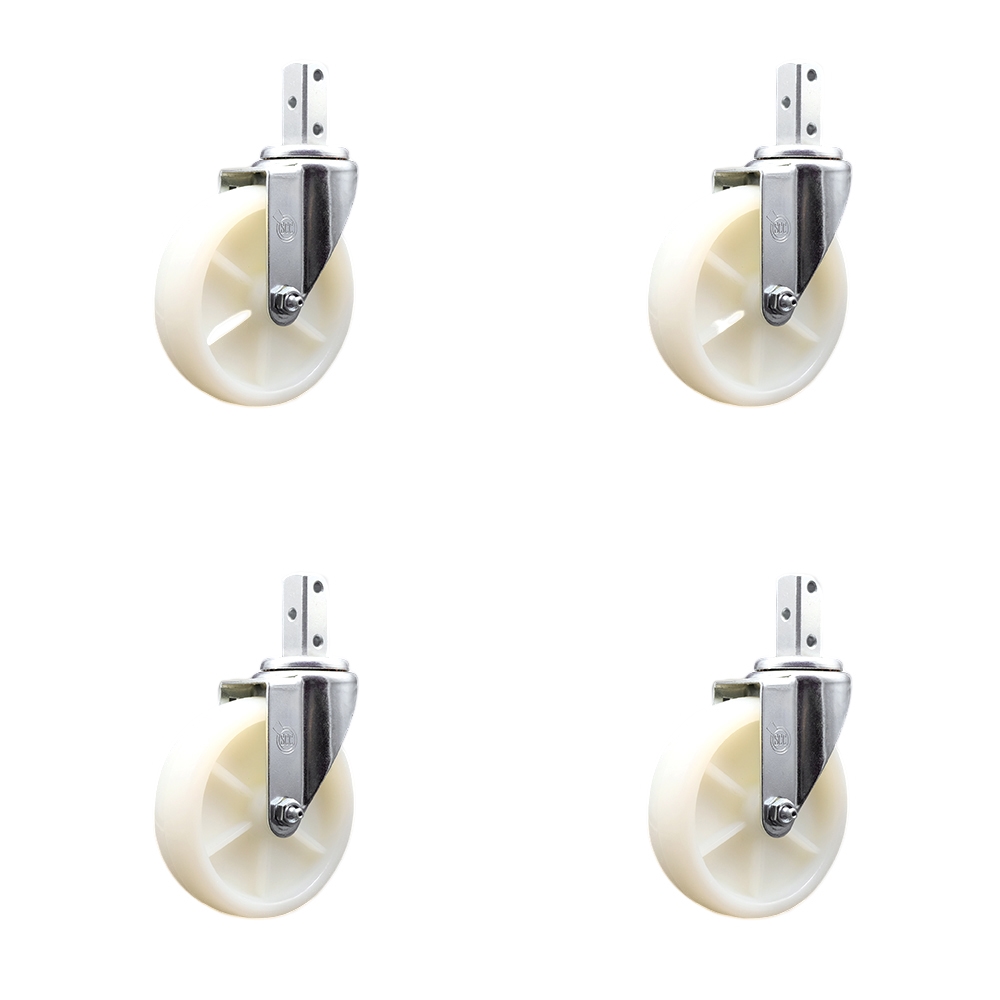 Swivel Square Stem Caster Set 4 w/5” x 1.25” White Nylon Wheel - 3/4” x 2” Square Stem with (3) 17/64” Diameter Mounting Holes - Includes 4 Swivel - 1200 lbs. Cpty/Caster - Service Caster Brand — photo 1
