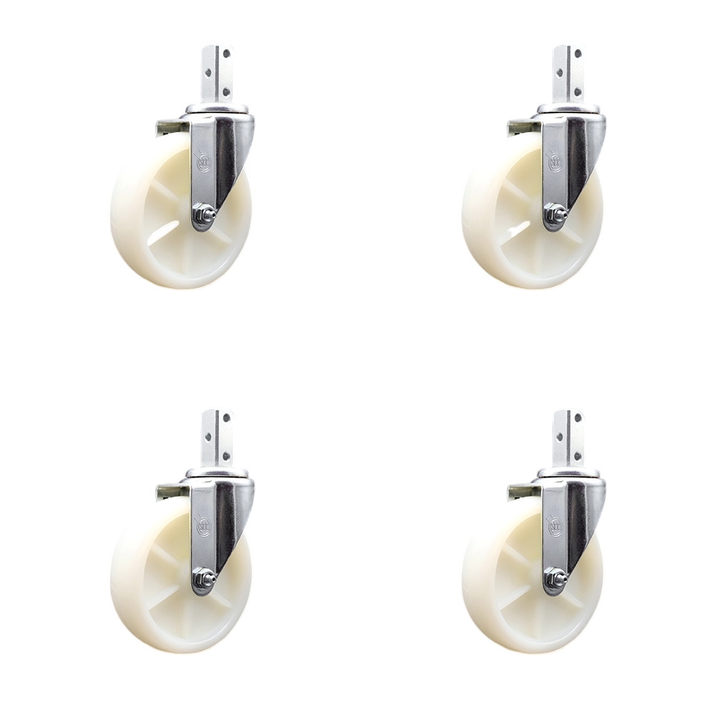 Swivel Square Stem Caster Set 4 w/5” x 1.25” White Nylon Wheel - 7/8” x 2” Square Stem with (3) 17/64” Diameter Mounting Holes - Includes 4 Swivel - 1200 lbs. Cpty/Caster - Service Caster Brand — photo 1