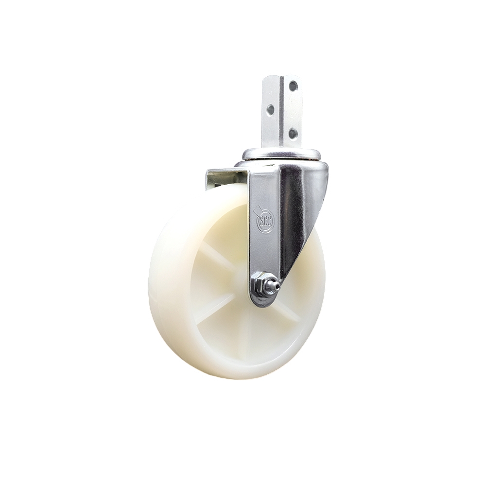 Swivel Square Stem Caster w/5” x 1.25” White Nylon Wheel – 7/8” x 2” Square Stem with (3) 17/64” Diameter Mounting Holes – 300 lbs. Capacity/Caster – Service Caster Brand — photo 1