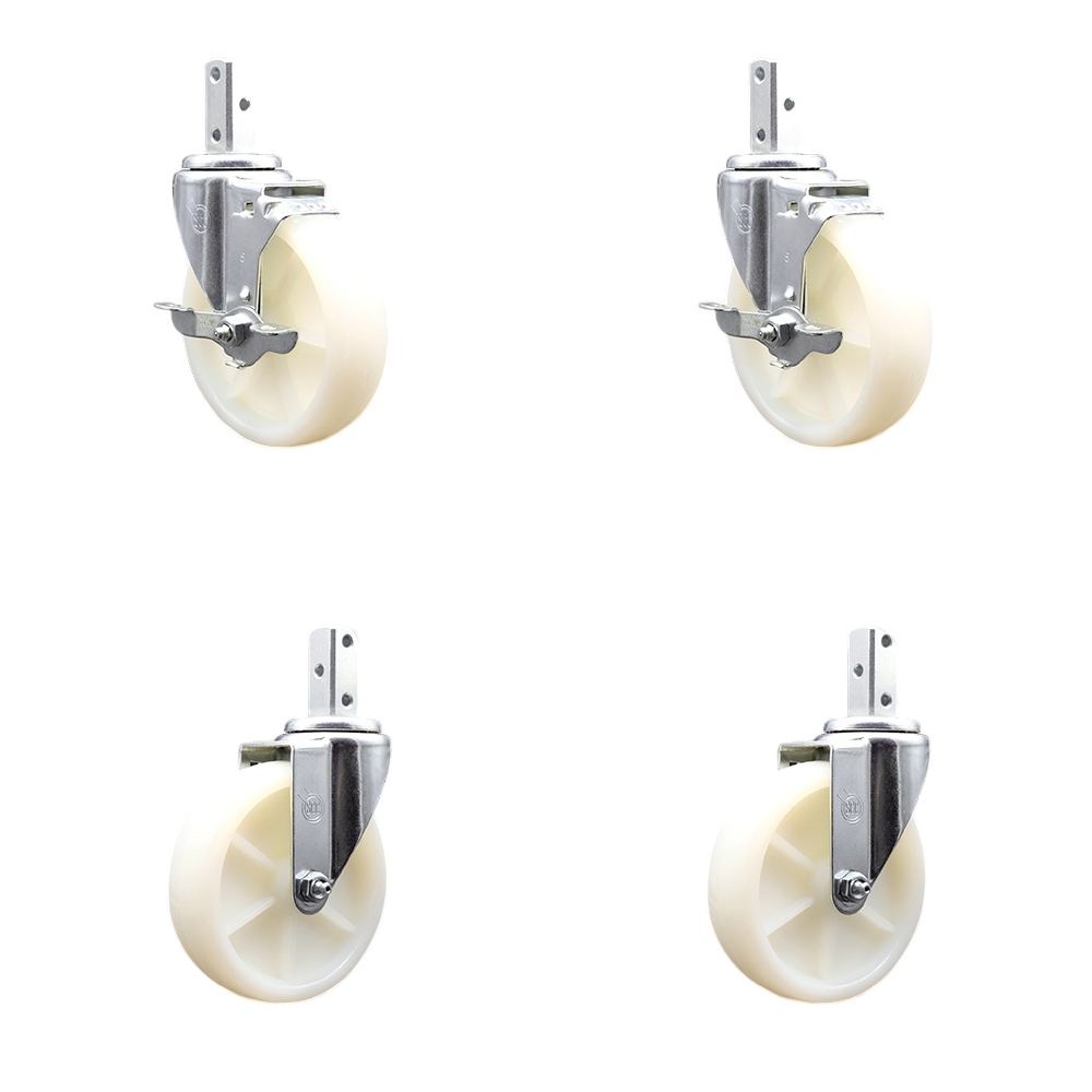 Swivel Square Stem Caster Set 4 w/5” x 1.25” White Nylon Wheel - 3/4” x 2” Square Stem with (3) 17/64” Diameter Mounting Holes - Includes 2 Top Lock Brakes- 1200lbs. Cpty/Caster - Service Caster Brand — photo 1