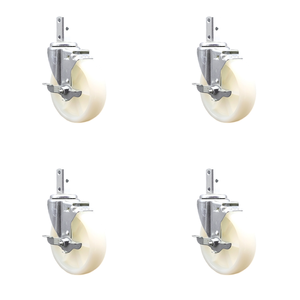 Swivel Square Stem Caster Set 4 w/5” x 1.25” White Nylon Wheel - 3/4” x 2” Square Stem with (3) 17/64” Diameter Mounting Holes - Includes 4 Top Lock Brakes- 1200lbs. Cpty/Caster - Service Caster Brand — photo 1