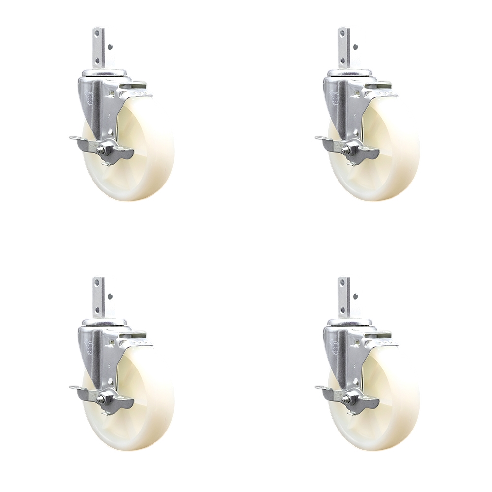 Swivel Square Stem Caster Set 4 w/5” x 1.25” White Nylon Wheel - 7/8” x 2” Square Stem with (3) 17/64” Diameter Mounting Holes- Includes 4 Top Lock Brakes - 1200lbs. Cpty/Caster - Service Caster Brand — photo 1