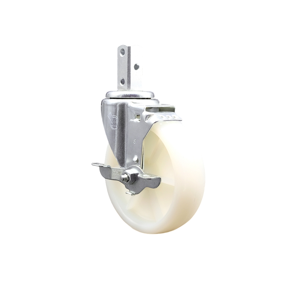 Swivel Square Stem Caster w/5” x 1.25” White Nylon Wheel – 7/8” x 2” Square Stem with (3) 17/64” Diameter Mounting Holes & Top Lock Brakes – 300 lbs. Capacity/Caster – Service Caster Brand — photo 1