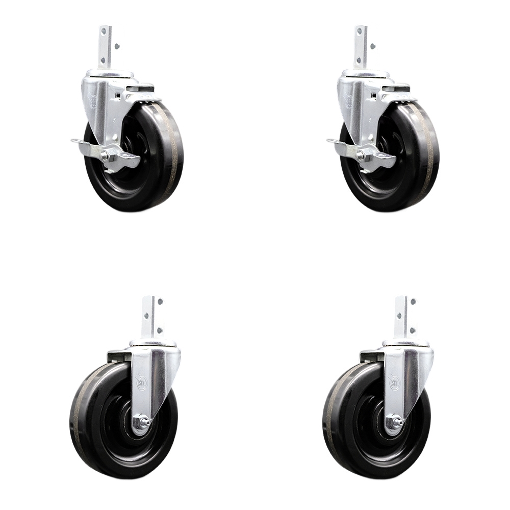 Swivel Square Stem Caster Set 4 w/5” x 1.25” Black Phenolic Wheel - 7/8” x 2” Square Stem with (3) 17/64” Diameter Mounting Holes-Includes 2 Top Lock Brakes-1200lbs. Cpty/Caster - Service Caster Brand — photo 1