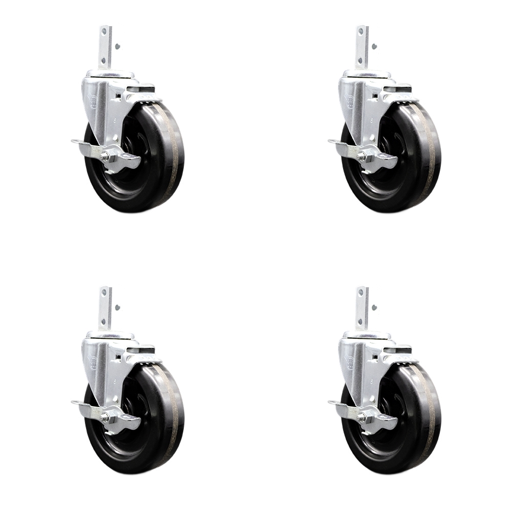 Swivel Square Stem Caster Set 4 w/5” x 1.25” Black Phenolic Wheel - 7/8” x 2” Square Stem with (3) 17/64” Diameter Mounting Holes-Includes 4 Top Lock Brakes-1200lbs. Cpty/Caster - Service Caster Brand — photo 1