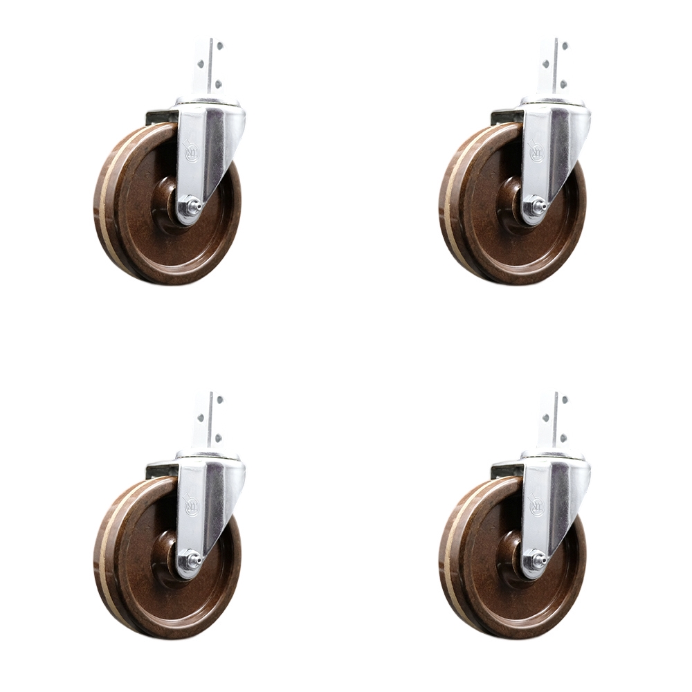Swivel Square Stem Caster Set 4 w/5” x 1.25” Brown High Temp Phenolic Wheel-3/4” x 2” Square Stem with (3) 17/64” Diameter Mounting Holes-Includes 4 Swivel-1200 lbs. Cpty/Caster - Service Caster Brand — photo 1