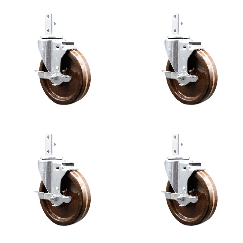 Swivel Square Stem Caster Set 4 w/5” x 1.25” Brown High Temp Phenolic Wheel - 3/4” x 2” Square Stem with (3) 17/64” Diameter Mounting Holes - Includes 4 Top Lock Brakes - Service Caster Brand — photo 1