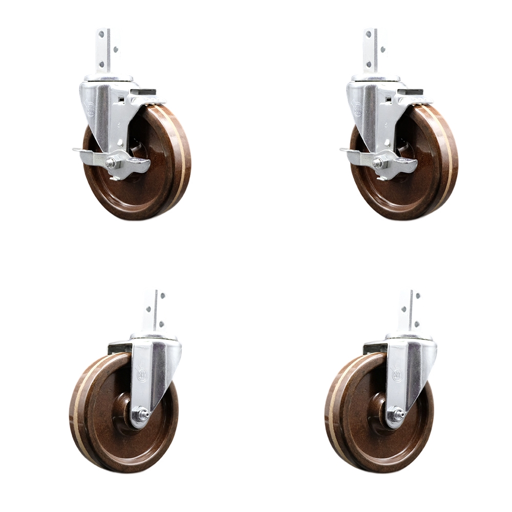 Swivel Square Stem Caster Set 4 w/5” x 1.25” Brown High Temp Phenolic Wheel - 7/8” x 2” Square Stem with (3) 17/64” Diameter Mounting Holes - Includes 2 Top Lock Brakes - Service Caster Brand — photo 1