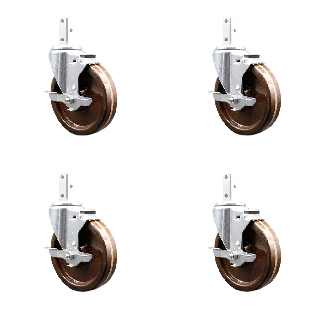 Swivel Square Stem Caster Set 4 w/5” x 1.25” Brown High Temp Phenolic Wheel - 7/8” x 2” Square Stem with (3) 17/64” Diameter Mounting Holes - Includes 4 Top Lock Brakes - Service Caster Brand — photo 1