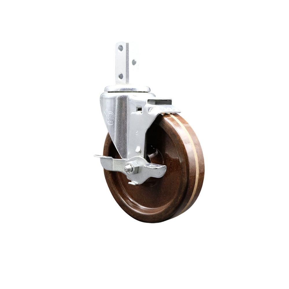 Swivel Square Stem Caster w/5” x 1.25” Brown High Temp Phenolic Wheel – 7/8” x 2” Square Stem with (3) 17/64” Diameter Mounting Holes &Top Lock Brakes – 300 lbs. Capacity/Caster – Service Caster Brand — photo 1