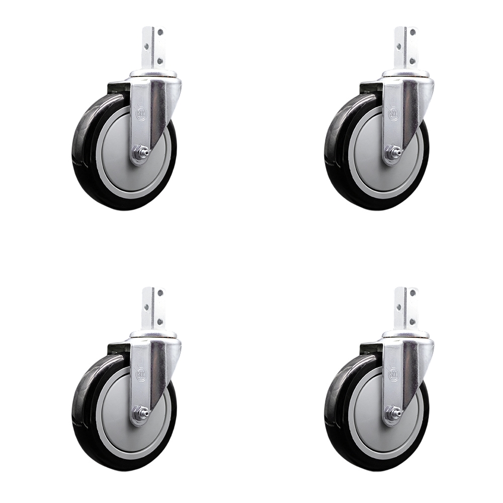 Swivel Square Stem Caster Set 4 w/5” x 1.25” Black Polyurethane Wheel - 7/8” x 2” Square Stem with (3) 17/64” Diameter Mounting Holes - Includes 4 Swivel-1400 lbs. Cpty/Caster - Service Caster Brand — photo 1