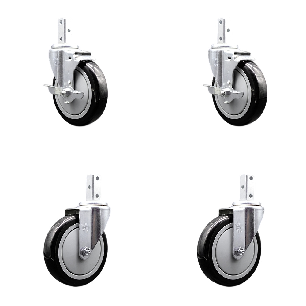 Swivel Square Stem Caster Set 4 w/5” x 1.25” Black Poly Wheel - 3/4” x 2” Square Stem with (3) 17/64” Diameter Mounting Holes - Includes 2 Top Lock Brakes-1400lbs. Cpty/Caster - Service Caster Brand — photo 1