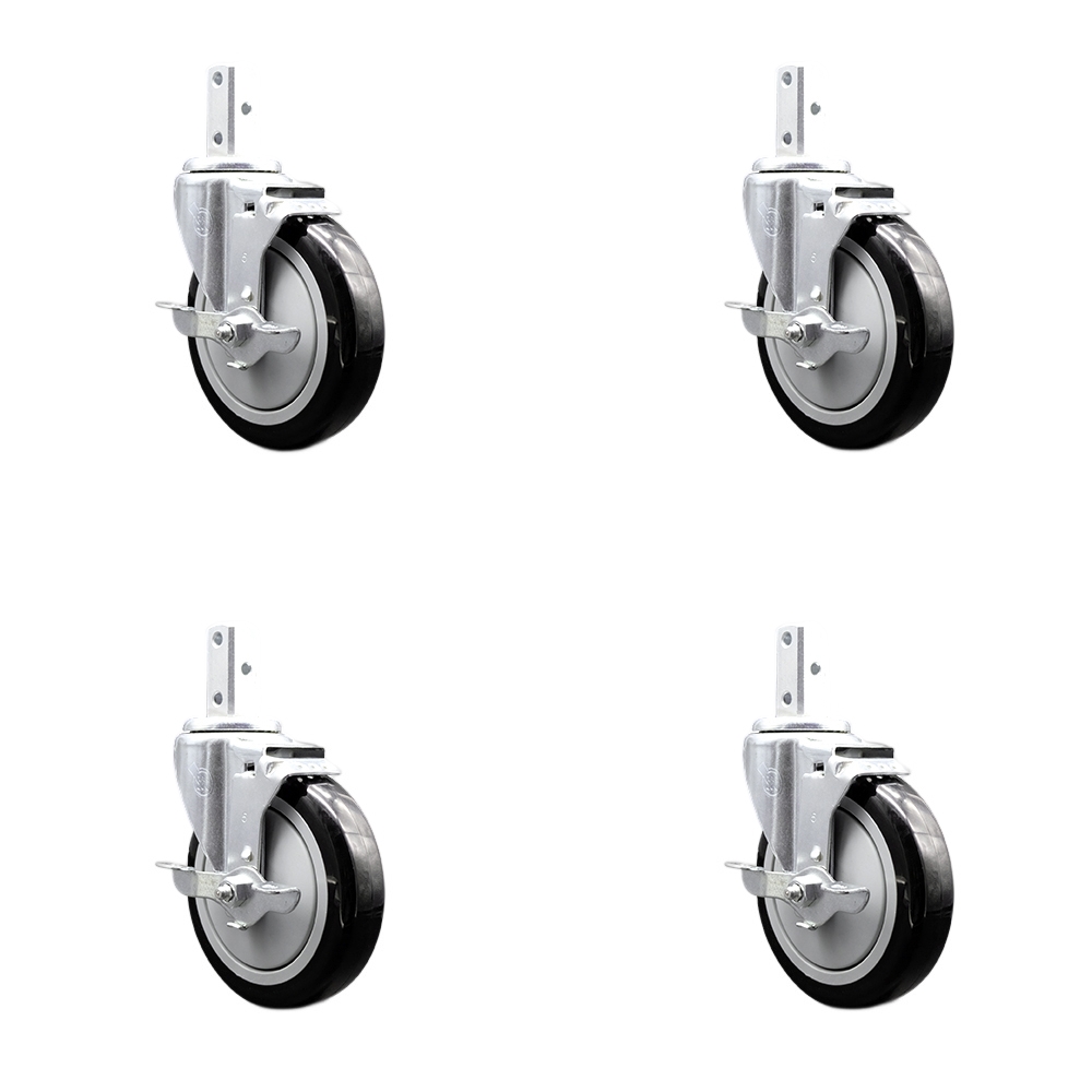 Swivel Square Stem Caster Set 4 w/5” x 1.25” Black Poly Wheel - 3/4” x 2” Square Stem with (3) 17/64” Diameter Mounting Holes - Includes 4 Top Lock Brakes-1400lbs. Cpty/Caster - Service Caster Brand — photo 1