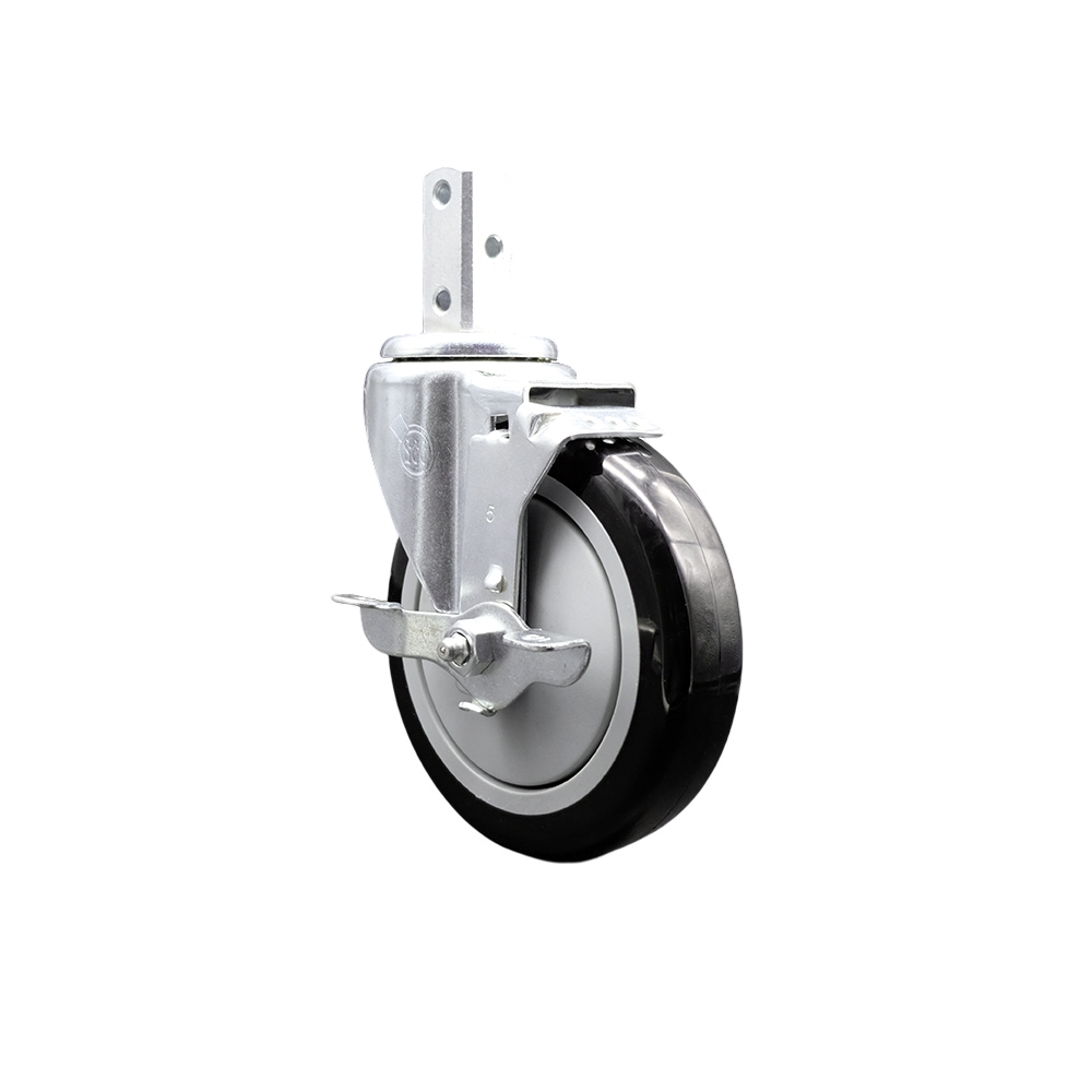 Swivel Square Stem Caster w/5” x 1.25” Black Polyurethane Wheel – 3/4” x 2” Square Stem with (3) 17/64” Diameter Mounting Holes & Top Lock Brakes – 350 lbs. Capacity/Caster – Service Caster Brand — photo 1