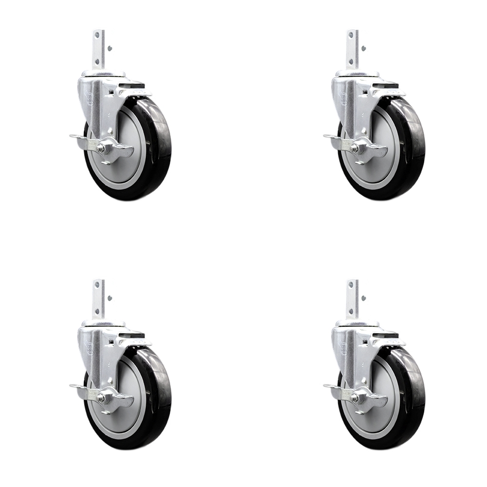 Swivel Square Stem Caster Set 4 w/5” x 1.25” Black Poly Wheel - 7/8” x 2” Square Stem with (3) 17/64” Diameter Mounting Holes - Includes 4 Top Lock Brakes-1400lbs. Cpty/Caster - Service Caster Brand — photo 1