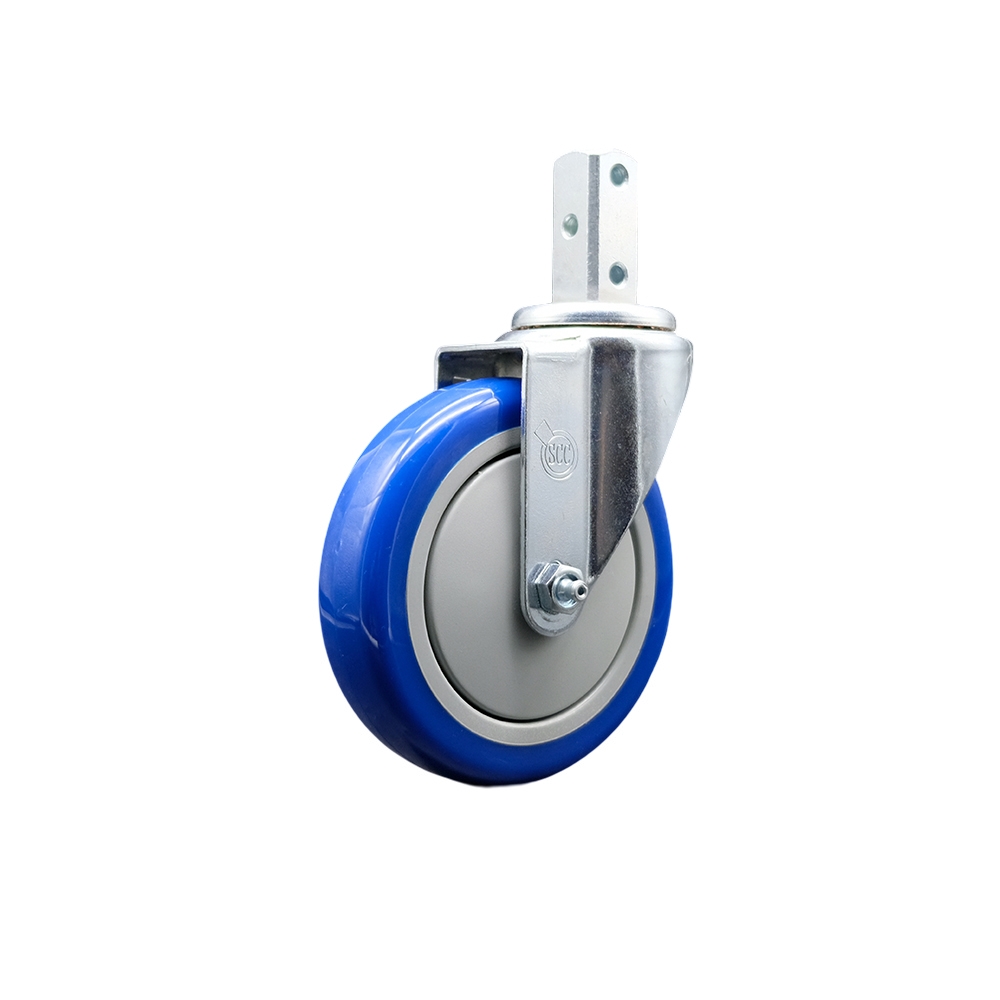 Swivel Square Stem Caster w/5” x 1.25” Blue Non-Marking Polyurethane Wheel – 7/8” x 2” Square Stem with (3) 17/64” Diameter Mounting Holes – 350 lbs. Capacity/Caster – Service Caster Brand — photo 1