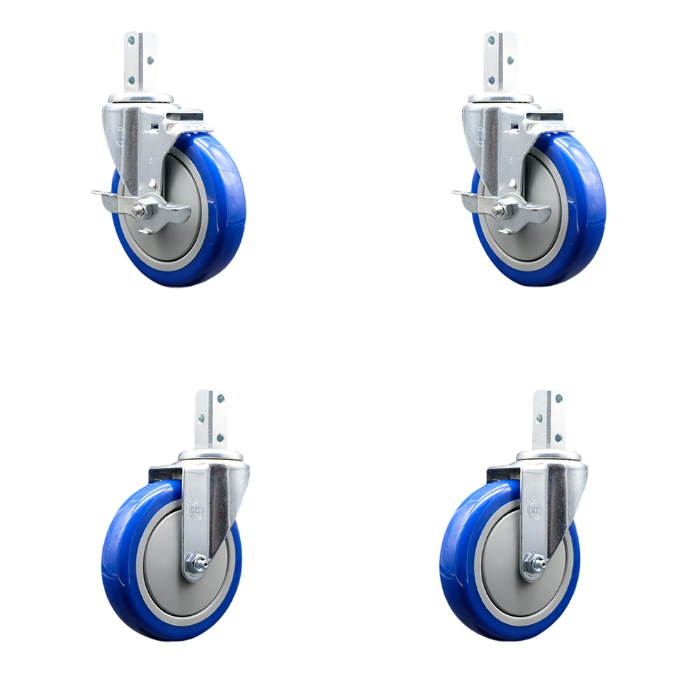 Swivel Square Stem Caster Set 4 w/5” x 1.25” Blue Poly Wheel - 3/4” x 2” Square Stem with (3) 17/64” Diameter Mounting Holes - Includes 2 Top Lock Brakes-1400lbs. Cpty/Caster - Service Caster Brand — photo 1