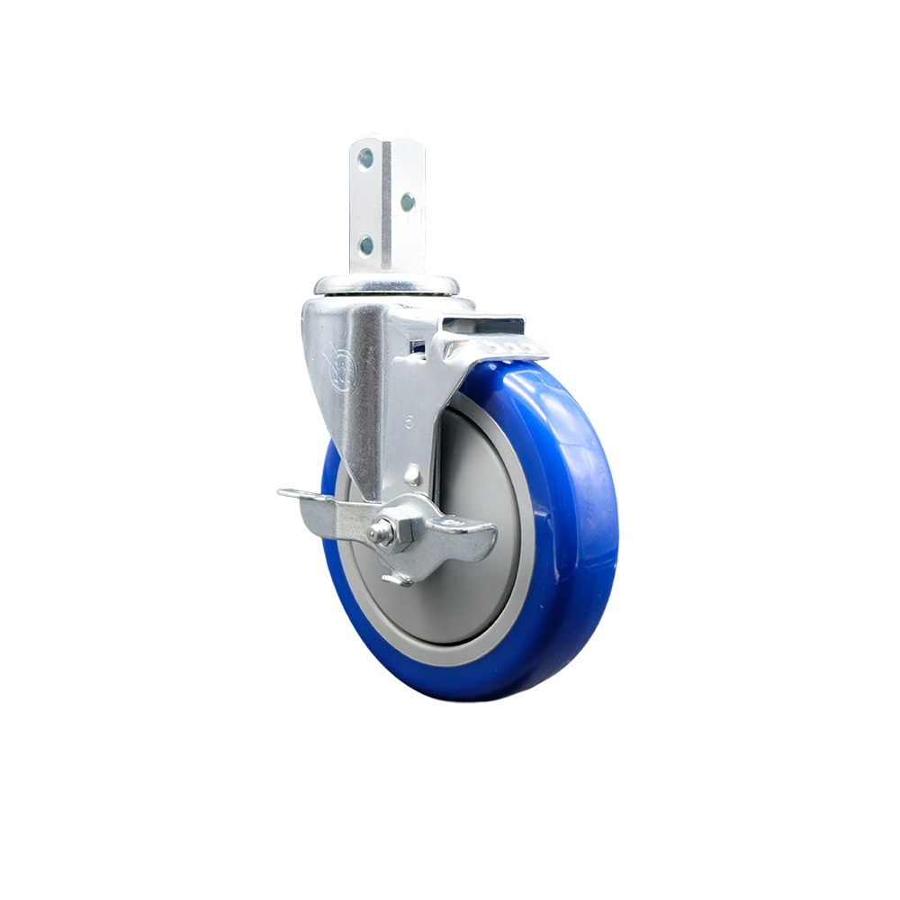 Swivel Square Stem Caster w/5” x 1.25” Blue Polyurethane Wheel – 3/4” x 2” Square Stem with (3) 17/64” Diameter Mounting Holes & Top Lock Brakes – 350 lbs. Capacity/Caster – Service Caster Brand — photo 1