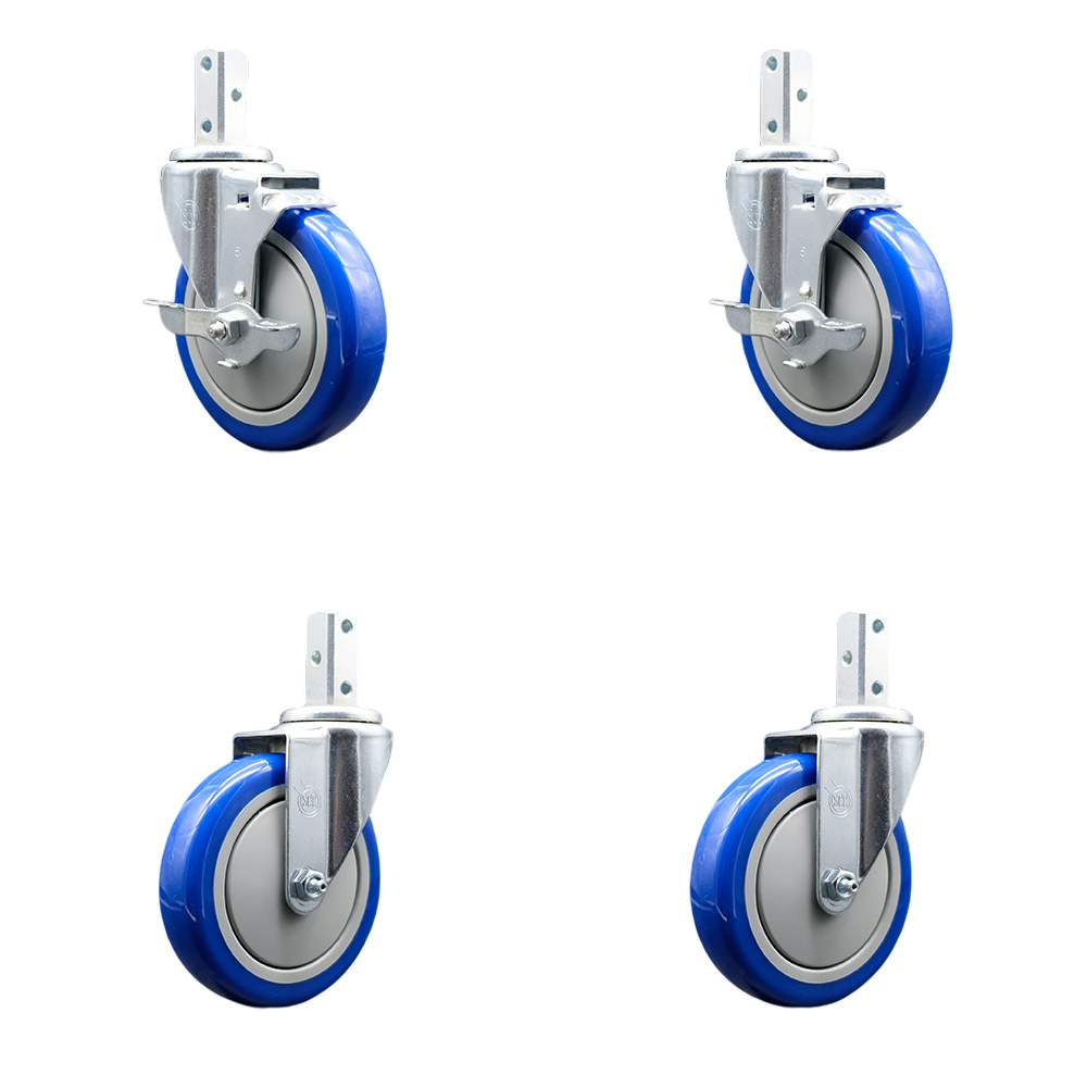Swivel Square Stem Caster Set 4 w/5” x 1.25” Blue Poly Wheel - 7/8” x 2” Square Stem with (3) 17/64” Diameter Mounting Holes - Includes 2 Top Lock Brakes-1400lbs. Cpty/Caster - Service Caster Brand — photo 1