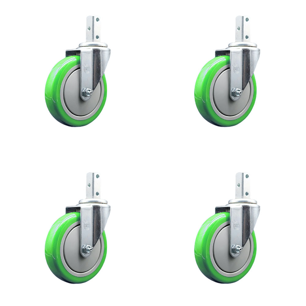 Swivel Square Stem Caster Set 4 w/5” x 1.25” Green Polyurethane Wheel - 7/8” x 2” Square Stem with (3) 17/64” Diameter Mounting Holes - Includes 4 Swivel-1400 lbs. Cpty/Caster - Service Caster Brand — photo 1