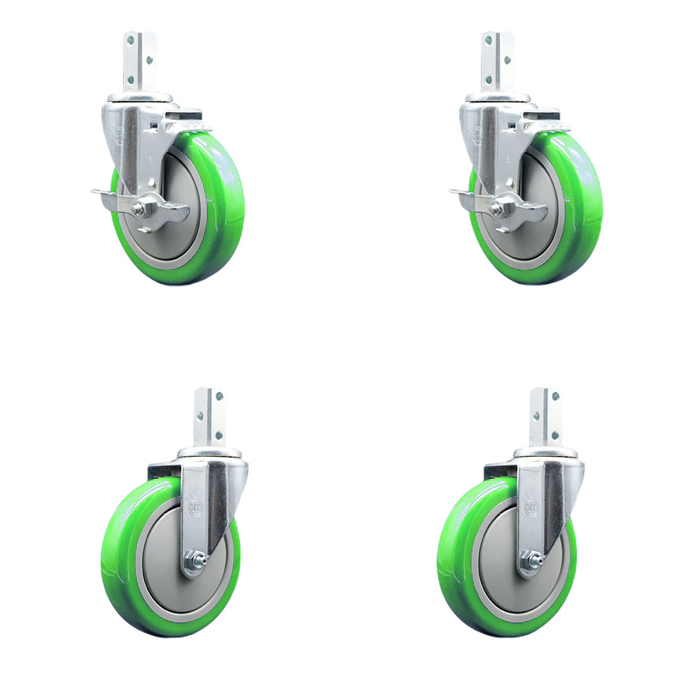 Swivel Square Stem Caster Set 4 w/5” x 1.25” Green Poly Wheel - 3/4” x 2” Square Stem with (3) 17/64” Diameter Mounting Holes - Includes 2 Top Lock Brakes-1400lbs. Cpty/Caster - Service Caster Brand — photo 1