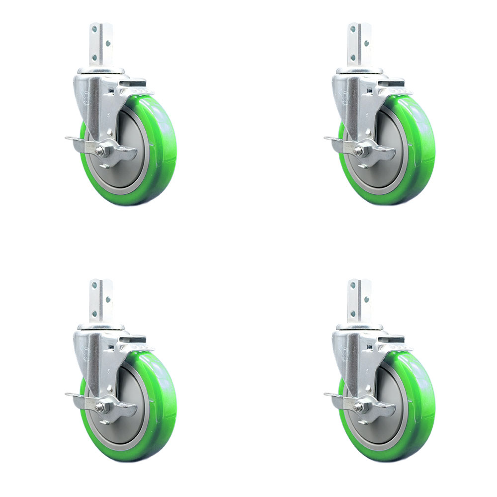Swivel Square Stem Caster Set 4 w/5” x 1.25” Green Poly Wheel - 3/4” x 2” Square Stem with (3) 17/64” Diameter Mounting Holes - Includes 4 Top Lock Brakes-1400lbs. Cpty/Caster - Service Caster Brand — photo 1