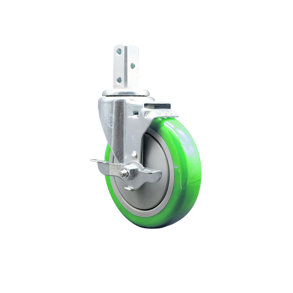 Swivel Square Stem Caster w/5” x 1.25” Green Polyurethane Wheel – 3/4” x 2” Square Stem with (3) 17/64” Diameter Mounting Holes & Top Lock Brakes – 350 lbs. Capacity/Caster – Service Caster Brand — photo 1
