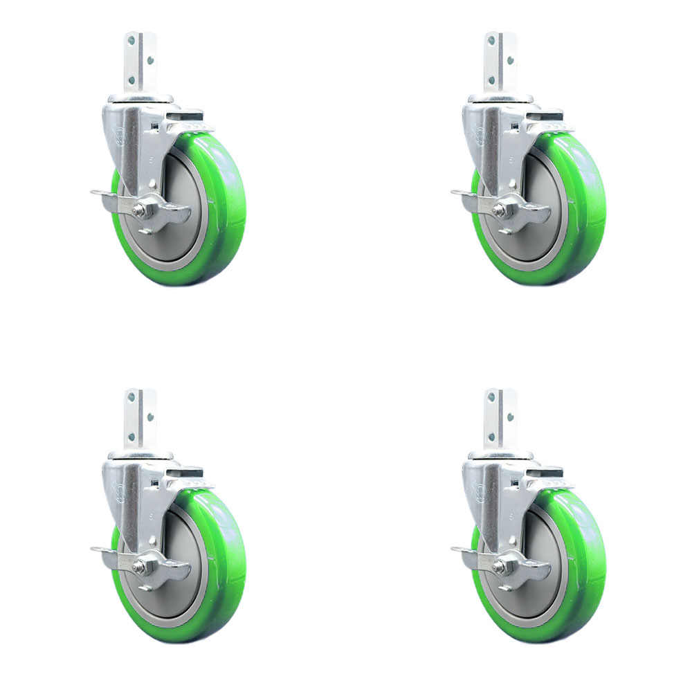 Swivel Square Stem Caster Set 4 w/5” x 1.25” Green Poly Wheel - 7/8” x 2” Square Stem with (3) 17/64” Diameter Mounting Holes - Includes 4 Top Lock Brakes-1400lbs. Cpty/Caster - Service Caster Brand — photo 1