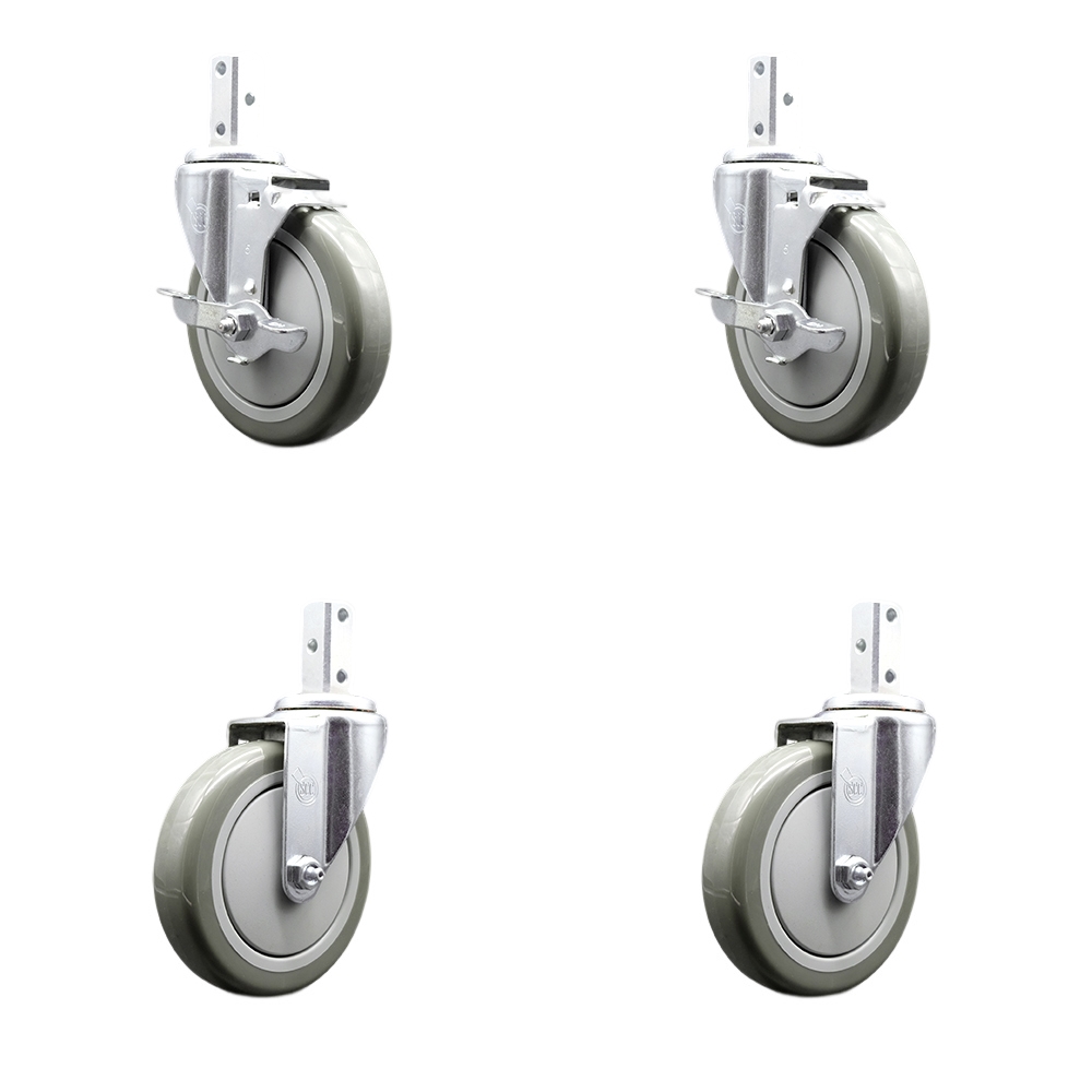 Swivel Square Stem Caster Set 4 w/5” x 1.25” Gray Poly Wheel - 7/8” x 2” Square Stem with (3) 17/64” Diameter Mounting Holes - Includes 2 Top Lock Brakes-1400lbs. Cpty/Caster - Service Caster Brand — photo 1