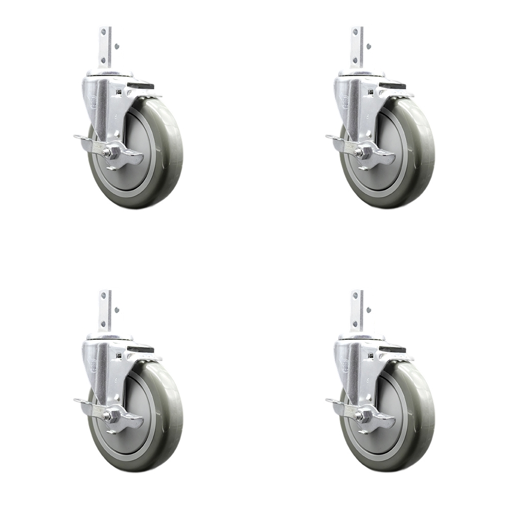Swivel Square Stem Caster Set 4 w/5” x 1.25” Gray Poly Wheel - 7/8” x 2” Square Stem with (3) 17/64” Diameter Mounting Holes - Includes 4 Top Lock Brakes-1400lbs. Cpty/Caster - Service Caster Brand — photo 1