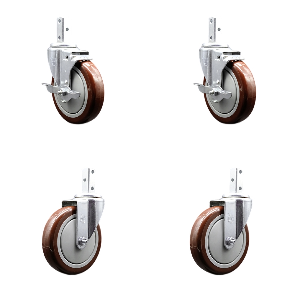Swivel Square Stem Caster Set 4 w/5” x 1.25” Maroon Poly Wheel - 3/4” x 2” Square Stem with (3) 17/64” Diameter Mounting Holes - Includes 2 Top Lock Brakes-1400lbs. Cpty/Caster - Service Caster Brand — photo 1