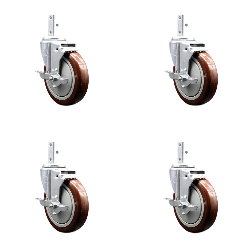 Swivel Square Stem Caster Set 4 w/5” x 1.25” Maroon Poly Wheel - 3/4” x 2” Square Stem with (3) 17/64” Diameter Mounting Holes - Includes 4 Top Lock Brakes-1400lbs. Cpty/Caster - Service Caster Brand — photo 1