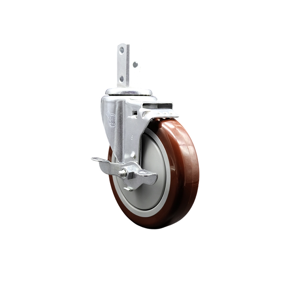 Swivel Square Stem Caster w/5” x 1.25” Maroon Polyurethane Wheel – 7/8” x 2” Square Stem with (3) 17/64” Diameter Mounting Holes & Top Lock Brakes – 350 lbs. Capacity/Caster – Service Caster Brand — photo 1