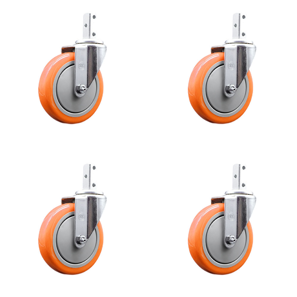 Swivel Square Stem Caster Set 4 w/5” x 1.25” Orange Polyurethane Wheel - 7/8” x 2” Square Stem with (3) 17/64” Diameter Mounting Holes - Includes 4 Swivel-1400 lbs. Cpty/Caster - Service Caster Brand — photo 1