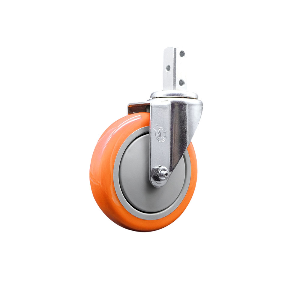 Swivel Square Stem Caster w/5” x 1.25” Orange Non-Marking Polyurethane Wheel – 7/8” x 2” Square Stem with (3) 17/64” Diameter Mounting Holes – 350 lbs. Capacity/Caster – Service Caster Brand — photo 1