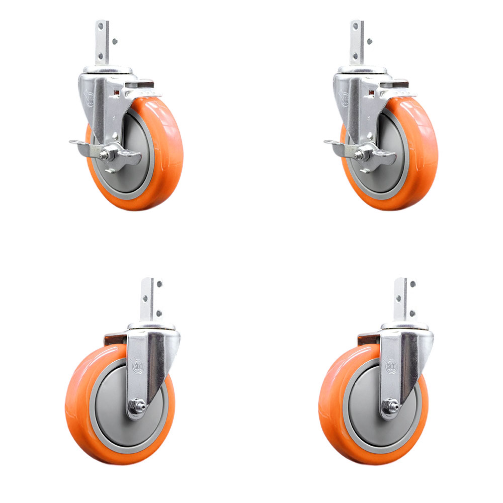 Swivel Square Stem Caster Set 4 w/5” x 1.25” Orange Poly Wheel - 3/4” x 2” Square Stem with (3) 17/64” Diameter Mounting Holes - Includes 2 Top Lock Brakes-1400lbs. Cpty/Caster - Service Caster Brand — photo 1