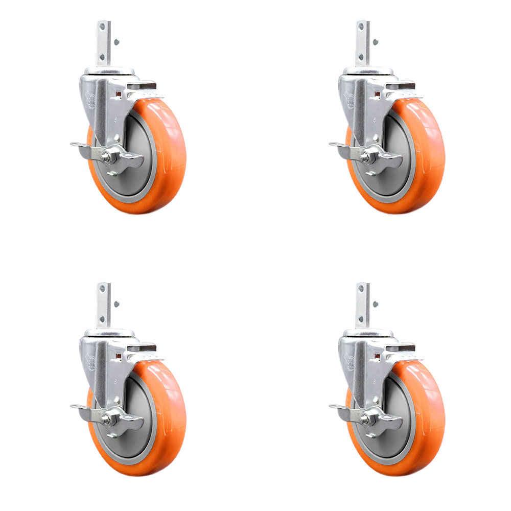 Swivel Square Stem Caster Set 4 w/5” x 1.25” Orange Poly Wheel - 3/4” x 2” Square Stem with (3) 17/64” Diameter Mounting Holes - Includes 4 Top Lock Brakes-1400lbs. Cpty/Caster - Service Caster Brand — photo 1