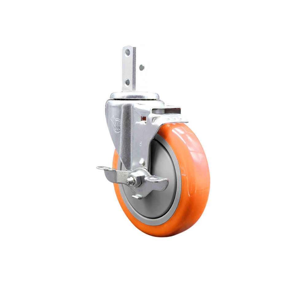 Swivel Square Stem Caster w/5” x 1.25” Orange Polyurethane Wheel – 3/4” x 2” Square Stem with (3) 17/64” Diameter Mounting Holes & Top Lock Brakes – 350 lbs. Capacity/Caster – Service Caster Brand — photo 1