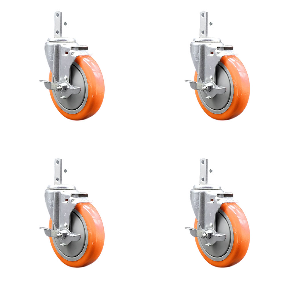 Swivel Square Stem Caster Set 4 w/5” x 1.25” Orange Poly Wheel - 7/8” x 2” Square Stem with (3) 17/64” Diameter Mounting Holes - Includes 4 Top Lock Brakes-1400lbs. Cpty/Caster - Service Caster Brand — photo 1