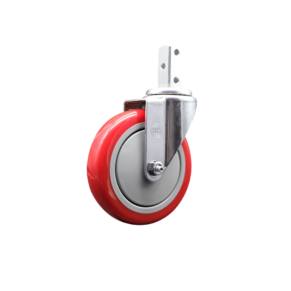 Swivel Square Stem Caster w/5” x 1.25” Red Non-Marking Polyurethane Wheel – 7/8” x 2” Square Stem with (3) 17/64” Diameter Mounting Holes – 350 lbs. Capacity/Caster – Service Caster Brand — photo 1