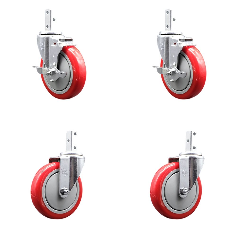 Swivel Square Stem Caster Set 4 w/5” x 1.25” Red Poly Wheel - 3/4” x 2” Square Stem with (3) 17/64” Diameter Mounting Holes - Includes 2 Top Lock Brakes-1400lbs. Cpty/Caster - Service Caster Brand — photo 1