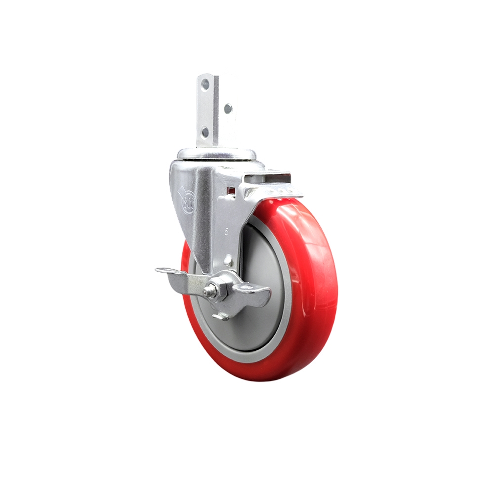 Swivel Square Stem Caster w/5” x 1.25” Red Polyurethane Wheel – 3/4” x 2” Square Stem with (3) 17/64” Diameter Mounting Holes & Top Lock Brakes – 350 lbs. Capacity/Caster – Service Caster Brand — photo 1