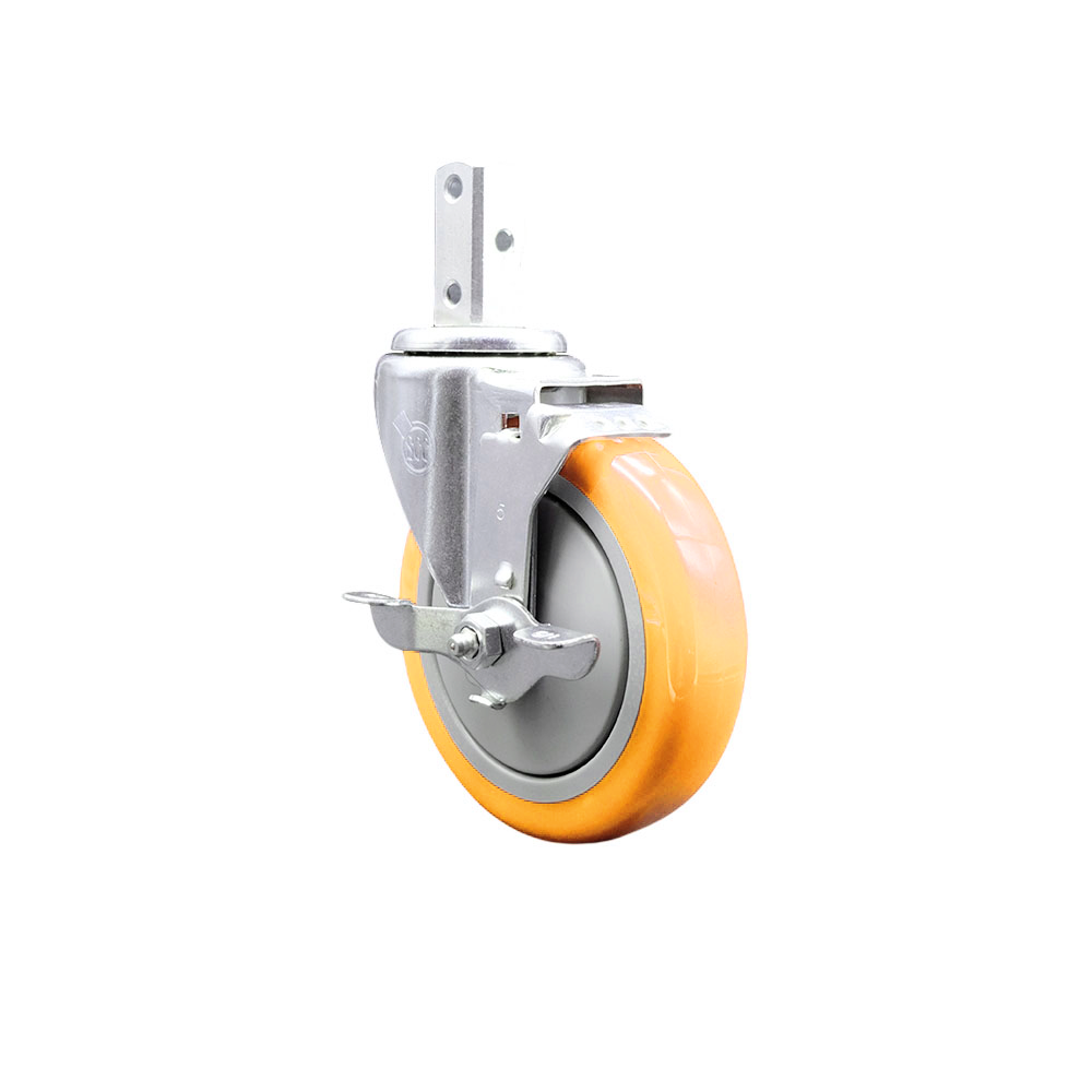 Swivel Square Stem Caster w/5” x 1.25” Yellow Polyurethane Wheel – 3/4” x 2” Square Stem with (3) 17/64” Diameter Mounting Holes & Top Lock Brakes – 350 lbs. Capacity/Caster – Service Caster Brand — photo 1