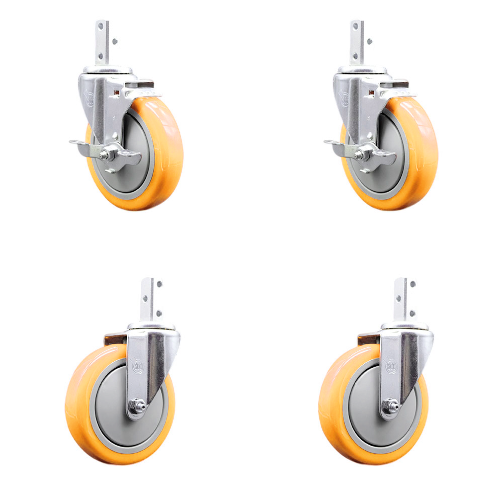 Swivel Square Stem Caster Set 4 w/5” x 1.25” Yellow Poly Wheel - 7/8” x 2” Square Stem with (3) 17/64” Diameter Mounting Holes - Includes 2 Top Lock Brakes-1400lbs. Cpty/Caster - Service Caster Brand — photo 1
