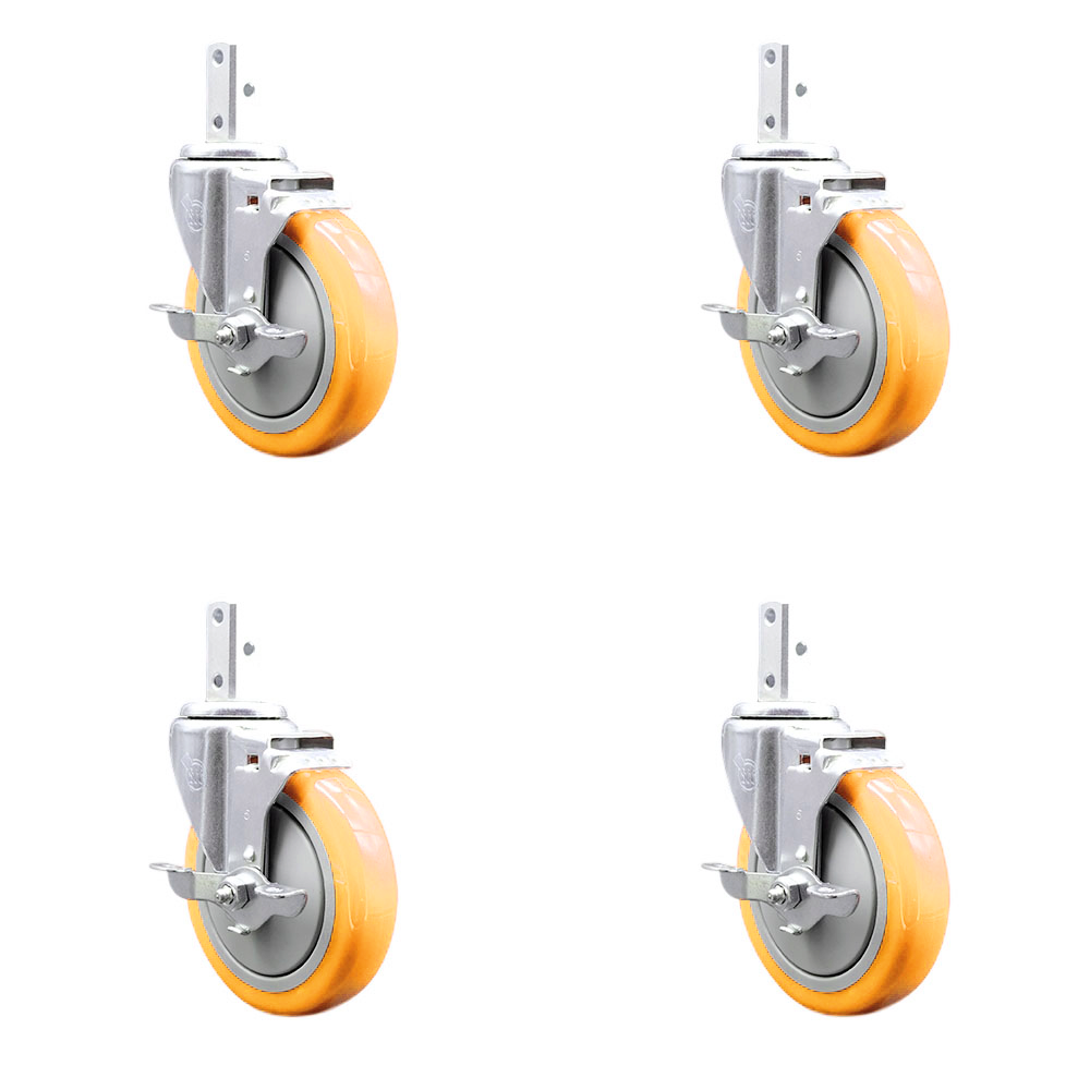 Swivel Square Stem Caster Set 4 w/5” x 1.25” Yellow Poly Wheel - 7/8” x 2” Square Stem with (3) 17/64” Diameter Mounting Holes - Includes 4 Top Lock Brakes-1400lbs. Cpty/Caster - Service Caster Brand — photo 1