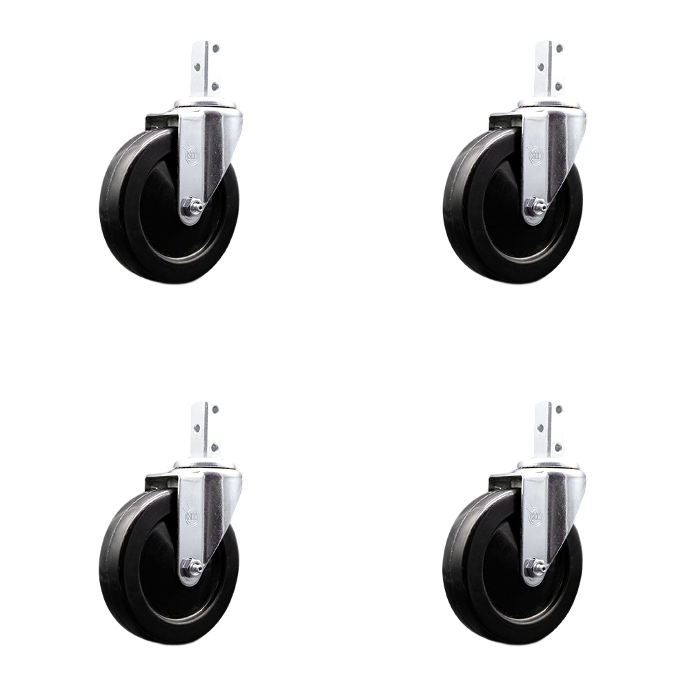 Swivel Square Stem Caster Set 4 w/5” x 1.25” Black Soft Rubber Wheel - 3/4” x 2” Square Stem with (3) 17/64” Diameter Mounting Holes - Includes 4 Swivel - 1100 lbs. Cpty/Caster - Service Caster Brand — photo 1