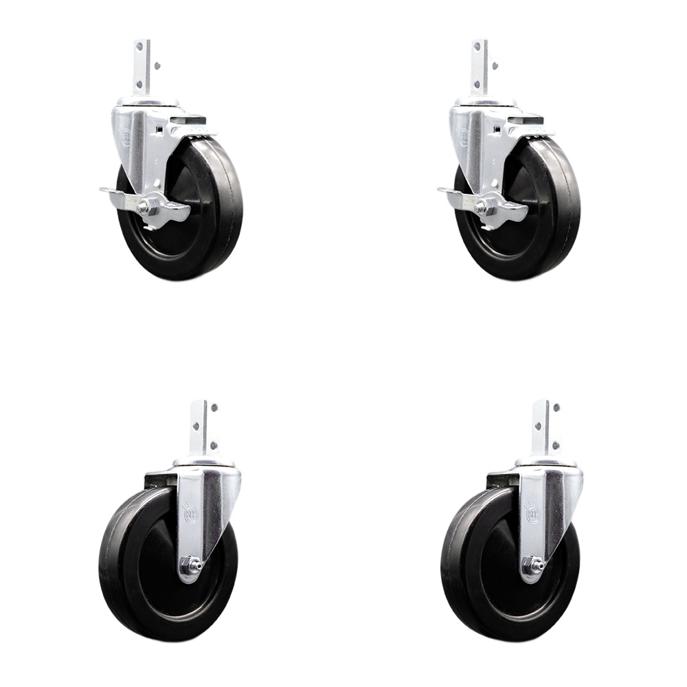 Swivel Square Stem Caster Set 4 w/5” x 1.25” Black Soft Rubber Wheel-3/4” x 2” Square Stem with (3) 17/64” Diameter Mounting Holes-Includes 2 Top Lck Brakes-1100lbs. Cpty/Caster - Service Caster Brand — photo 1