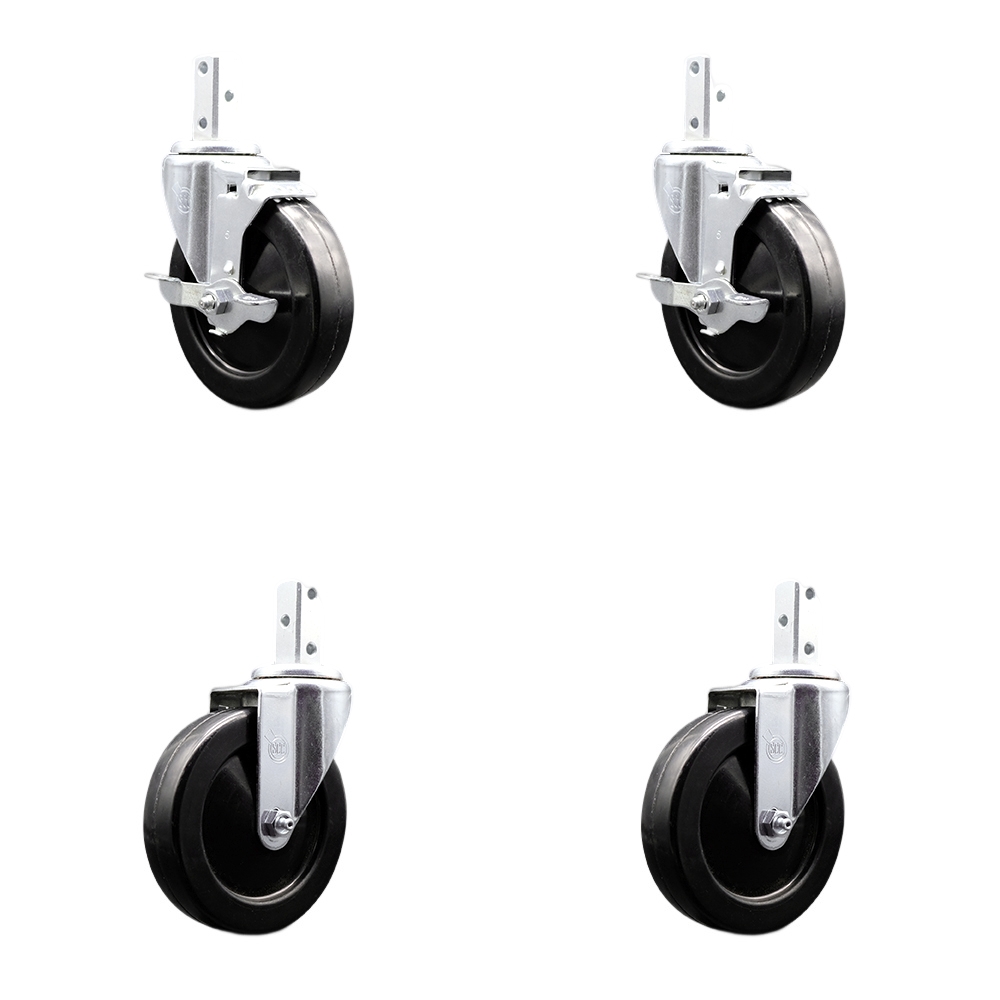 Swivel Square Stem Caster Set 4 w/5” x 1.25” Black Soft Rubber Wheel - 7/8” x 2” Square Stem with (3) 17/64” Diameter Mounting Holes-Includes 2 Top Lck Brakes-1100lbs. Cpty/Caster-Service Caster Brand — photo 1