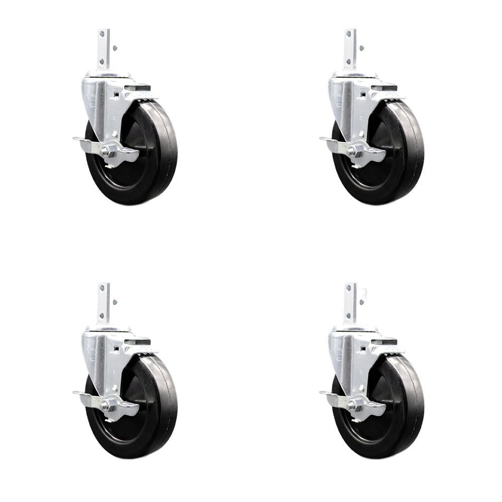 Swivel Square Stem Caster Set 4 w/5” x 1.25” Black Soft Rubber Wheel-7/8” x 2” Square Stem with (3) 17/64” Diameter Mounting Holes-Includes 4 Top Lck Brakes-1100lbs. Cpty/Caster - Service Caster Brand — photo 1