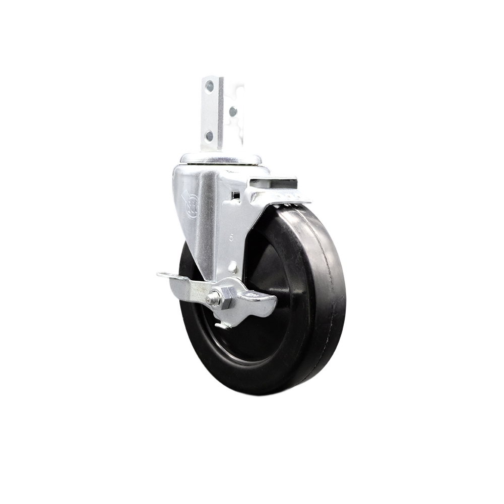 Swivel Square Stem Caster w/5” x 1.25” Black Soft Rubber Wheel – 7/8” x 2” Square Stem with (3) 17/64” Diameter Mounting Holes & Top Lock Brakes – 275 lbs. Capacity/Caster – Service Caster Brand — photo 1